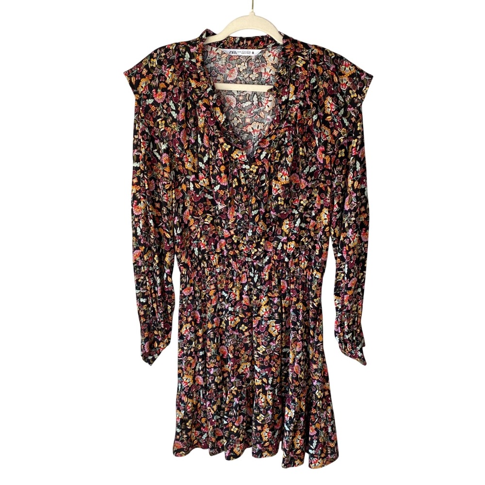 Zara Womens Floral Metallic Pinstripe Ruffle Mini Dress Black Multi Size M